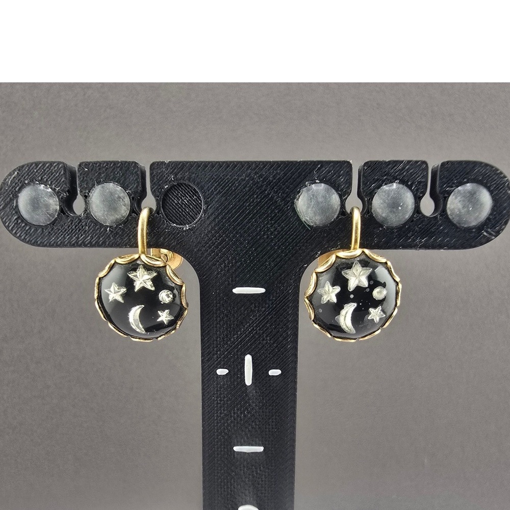 Vintage Estate Earrings Gold Tone Celestial Moon Stars Screw Back 0.5in